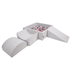 KiddyMoon Foam Playground for Kids with Square Ballpit and Balls, Lightgrey: Pearl/ Grey/ Transparent/ Powderpink