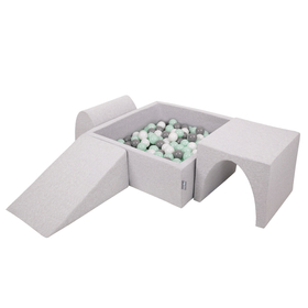 KiddyMoon Foam Playground for Kids with Square Ballpit and Balls, Lightgrey: White/ Grey/ Mint