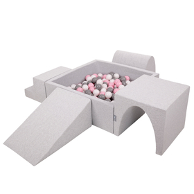 KiddyMoon Foam Playground for Kids with Square Ballpit and Balls, Lightgrey: White/ Grey/ Powderpink