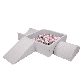 KiddyMoon Foam Playground for Kids with Square Ballpit and Balls, Lightgrey: White/ Grey/ Powderpink