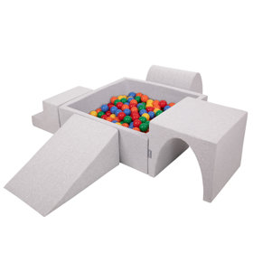 KiddyMoon Foam Playground for Kids with Square Ballpit and Balls, Lightgrey: Yellow/ Green/ Blue/ Red/ Orange