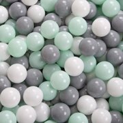 KiddyMoon Soft Ball Pit Round 7Cm /  2.75In For Kids, Foam Ball Pool Baby Playballs Children, Made In The EU, Fox-Green: White/ Grey/ Mint