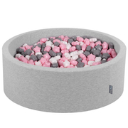 KiddyMoon round foam ballpit with star-shaped plastic balls for kids, Light Grey: White/ Grey/ Light Pink