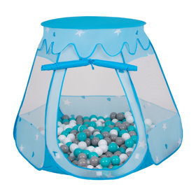 Play Tent Castle House Pop Up Ballpit Shell Plastic Balls For Kids, Blue: Grey-White-Turquoise