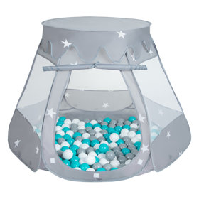 Play Tent Castle House Pop Up Ballpit Shell Plastic Balls For Kids, Grey: Grey-White-Turquoise