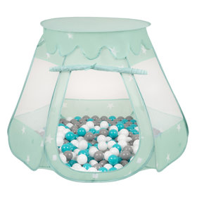 Play Tent Castle House Pop Up Ballpit Shell Plastic Balls For Kids, Mint: Grey/ White/ Turquoise