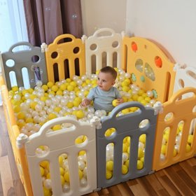 Playpen Box Foldable for Children with Plastic Colourful Balls, White-Yellow: Yellow/ Green/ Blue/ Red/ Orange