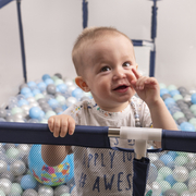 square play pen filled with plastic balls basketball, Blue: Grey/ White/ Turquoise