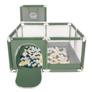 square play pen filled with plastic balls basketball, Green: Dark Turquoise/ Pastel Blue/ Pastel Yellow/ White