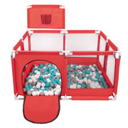 square play pen filled with plastic balls basketball, Red: Grey/ White/ Turquoise