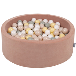 KiddyMoon Soft Ball Pit Round ∅ 7cm / 2.75In for Kids, Foam Velvet Ball Pool Baby Playballs, Made In The EU, desert pink:pastel beige/greengrey/pastel yellow/white, 90x30cm/200 balls