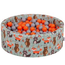 KiddyMoon Soft Ball Pit Round ∅ 7Cm / 2.75In For Kids, Foam Ball Pool Baby Playballs Children, Made In The EU, fox-green:orange/grey, 90x30cm/200 balls