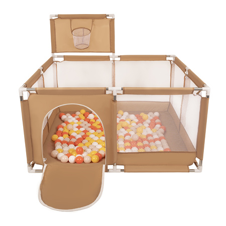 square play pen filled with plastic balls basketball, beige:yellow/orange/pastel beige/white, 100 balls