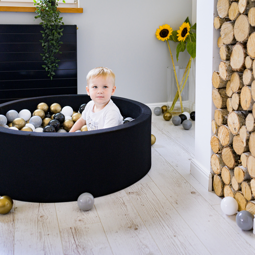 KiddyMoon Baby Foam Ball Pit with Balls ∅ 7cm / 2.75in Made in EU, Basketball: black/orange, 90x30cm/300 balls