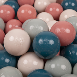 KiddyMoon Soft Plastic Play Balls ∅ 7cm/2.75in Multi-colour Made in EU, dark turquoise/pastel beige/greengrey/salmon pink, 200 Balls/7cm-2.75in