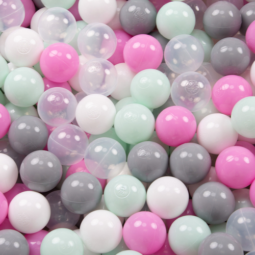 KiddyMoon Soft Ball Pit Quarter Angular ∅ 7cm / 2.75In for Kids, Foam Ball Pool Baby Playballs, Made In The EU, light grey:transparent/grey/white/pink/mint, 90x30cm/200 balls