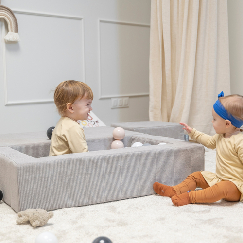 KiddyMoon Modular Foam Sofa for Children's with Balls Lightweight Sofa For Kids Room Comfortable Space-Saving with Storage Room Fabric Safe and Fun for Kids, light gray: pastel beige/pastel blue/pastel yellow/mint, Sofa + 100 Balls