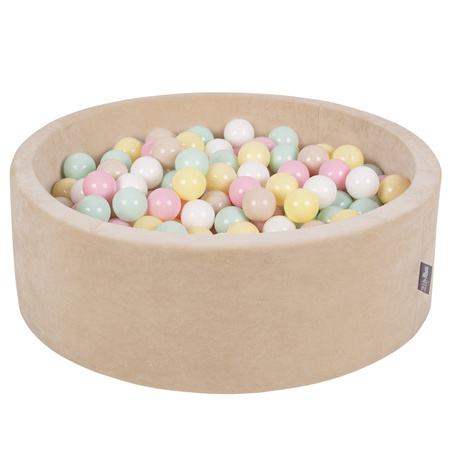 KiddyMoon Soft Ball Pit Round 7cm / 2.75In for Kids, Foam Velvet Ball Pool Baby Playballs, sand beige:pastel beige/pastel yellow/white/mint/light pink, 90x30cm/200 balls