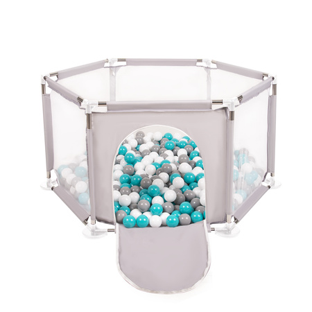 hexagon 6 side play pen with plastic balls, Grey:grey/white/turquoise, 900 balls