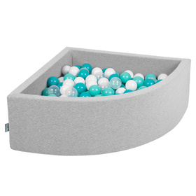 KiddyMoon Soft Ball Pit Quarter Angular ∅ 7cm / 2.75In for Kids, Foam Ball Pool Baby Playballs, Made In The EU, light grey:light turquoise/white/transparent/turq, 90x30cm/200 balls