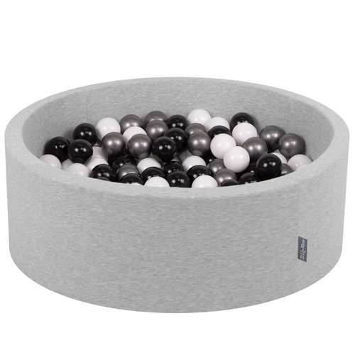 KiddyMoon Baby Foam Ball Pit with Balls ∅ 7cm / 2.75in Made in EU, light grey:white/black/silver, 90 x 30 cm / 300 Balls