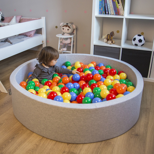 KiddyMoon Baby Foam Ball Pit with Balls ∅ 7cm / 2.75in Made in EU, light grey:yellow/green/blue/red/orange, 90 x 30 cm / 300 Balls