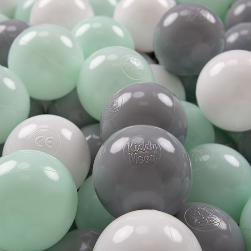 KiddyMoon Soft Plastic Play Balls ∅ 7cm/2.75in Multi-colour Made in EU, white/grey/mint, 700 Balls/7cm-2.75in