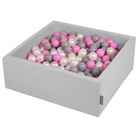 KiddyMoon Baby Foam Ball Pit with Balls ∅ 7cm / 2.75in Square Made in EU, light grey/pearl/grey/pink, 90x30cm/200 balls