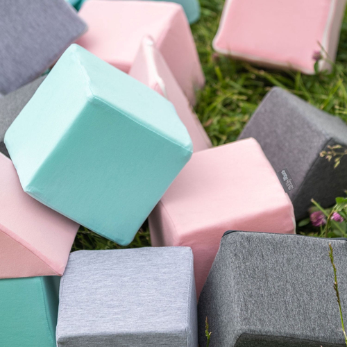 KiddyMoon Soft Foam Building Blocks for Babies & Toddlers, Washable Cotton Zip Cover, 14cm Cubes, Sensory Toy, cubes:light grey-mint, 48 Pieces