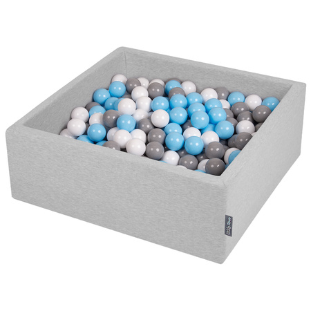 KiddyMoon Baby Foam Ball Pit with Balls ∅ 7cm / 2.75in Square Made in EU, light grey:grey/white/babyblue, 90x30cm/200 balls