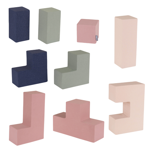KiddyMoon Soft Foam Cubes Building Blocks 14cm for Children Multifunctional Foam Construction Montessori Toy for Babies, Certified Made in The EU, heather-dark blue-beige-sage, 9 Pieces