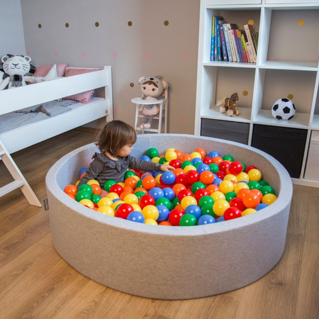 KiddyMoon Soft Ball Pit Round  ∅ 7Cm / 2.75In For Kids, Foam Ball Pool Baby Playballs Children, Made In The EU, light grey:yellow-green-blue-red-orange, 120x30cm/200 balls