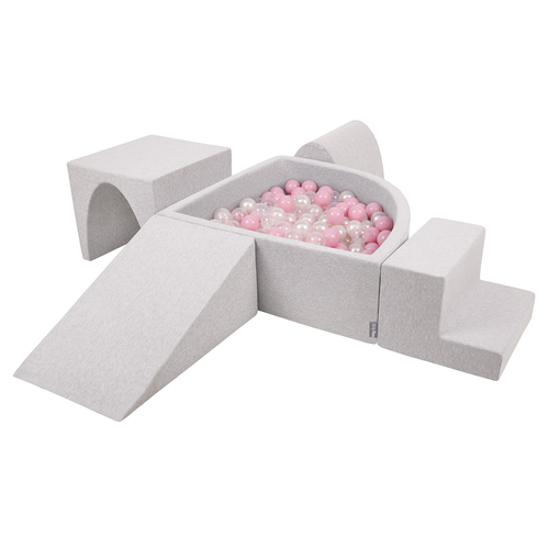 KiddyMoon Foam Playground for Kids with Quarter Angular Ballpit and Balls, lightgrey:powderpink/pearl/transparent, Ballpit (200 Balls) + Version 3