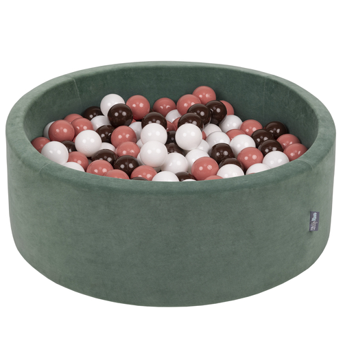 KiddyMoon Soft Ball Pit Round ∅ 7cm / 2.75In for Kids, Foam Velvet Ball Pool Baby Playballs, Made In The EU, forest green:salmon pink/brown/white , 90 x 30 cm / 300 Balls