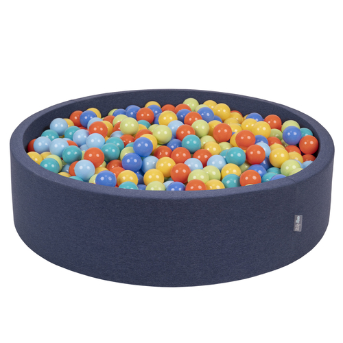 KiddyMoon Soft Ball Pit Round ∅ 7Cm / 2.75In For Kids, Foam Ball Pool Baby Playballs Children, Made In The EU, dark blue:lgreen/orange/turquoise/blue/babyblue/yellow, 120x30cm/200 balls