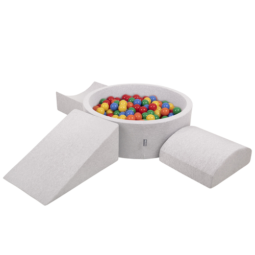 KiddyMoon Foam Playground for Kids with Round Ballpit ( ∅ 7cm/2.75In) Soft Obstacles Course and Ball Pool, Certified Made In The EU, lightgrey:yellow/green/blue/red/orange, Ballpit (200 Balls) + Version 4