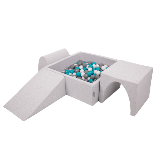 KiddyMoon Foam Playground for Kids with Square Ballpit ( ∅ 7cm/2.75In) Soft Obstacles Course and Ball Pool, Certified Made In The EU, lightgrey:grey/white/turquoise, Ballpit (200 Balls) + Version 2