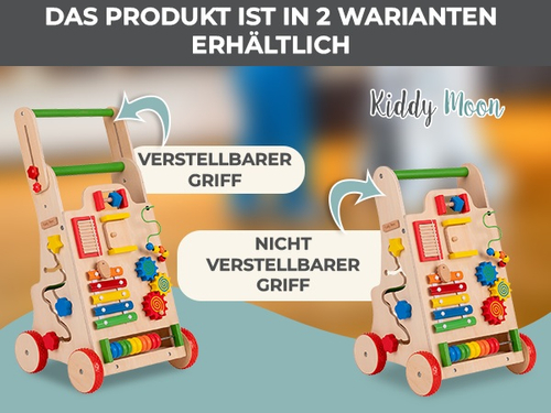 KiddyMoon Wooden Baby Walker Interactive Educational Toy for Children Multifunctional Push-Along Toy for Babies Montessori Walker for Kids Model WK-002, Multicolored, Adjustable Handle