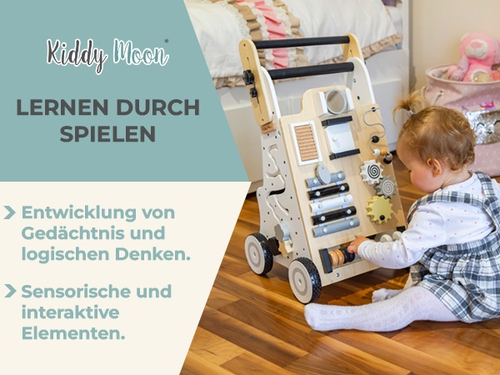 KiddyMoon Wooden Baby Walker Interactive Educational Toy for Children Multifunctional Push-Along Toy for Babies Montessori Walker for Kids Model WK-002, Black - White, Adjustable Handle
