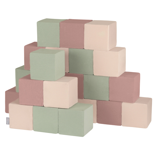 KiddyMoon Soft Foam Building Blocks for Babies & Toddlers, Washable Cotton Zip Cover, 14cm Cubes, Sensory Toy, cubes: heather-beige-sage, 24 Pieces