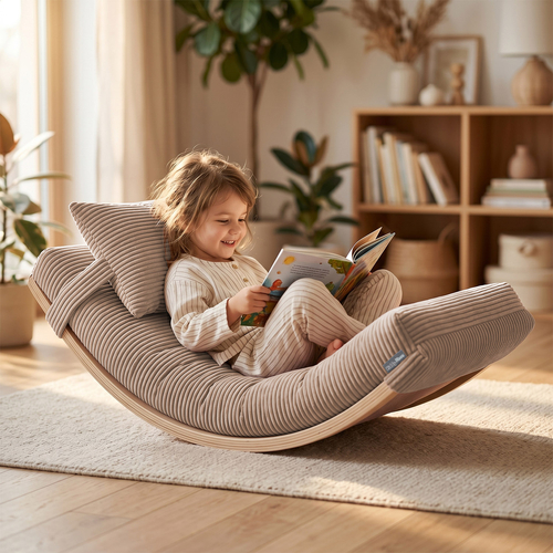 KiddyMoon Cushion Set For Balance Board Mattress and Pillow Ribbed Fabric Washable Cover, dark beige, Mattress/Pillow