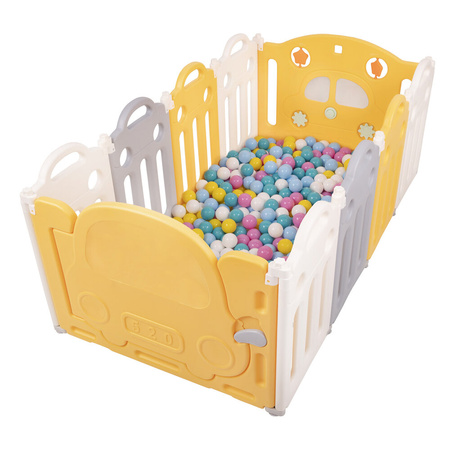 Playpen Box Foldable for Children with Plastic Colourful Balls, white-yellow: white-yellow-pink-babyblue-turquoise, 8 + 2 Panels/200 Balls