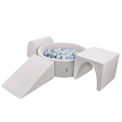 KiddyMoon Foam Playground for Kids with Round Ball pit (Balls ∅ 7cm/2.75In) Soft Obstacles Course and Ball Pool, Made In EU, lightgrey:pearl/grey/transparent/babyblue/mint, Ballpit (200 Balls) + Version 2