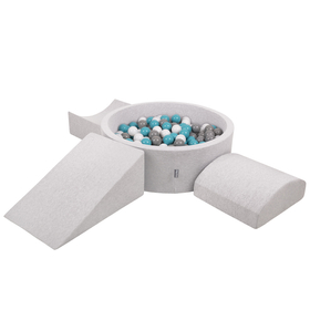 KiddyMoon Foam Playground for Kids with Round Ballpit ( ∅ 7cm/2.75In) Soft Obstacles Course and Ball Pool, Certified Made In The EU, lightgrey:grey/white/turquoise, Ballpit (200 Balls) + Version 4