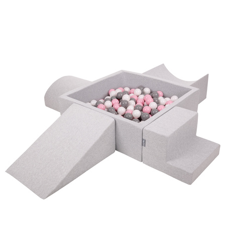 KiddyMoon Foam Playground for Kids with Square Ballpit ( ∅ 7cm/2.75In) Soft Obstacles Course and Ball Pool, Certified Made In The EU, lightgrey:white/grey/powderpink, Ballpit (200 Balls) + Version 5