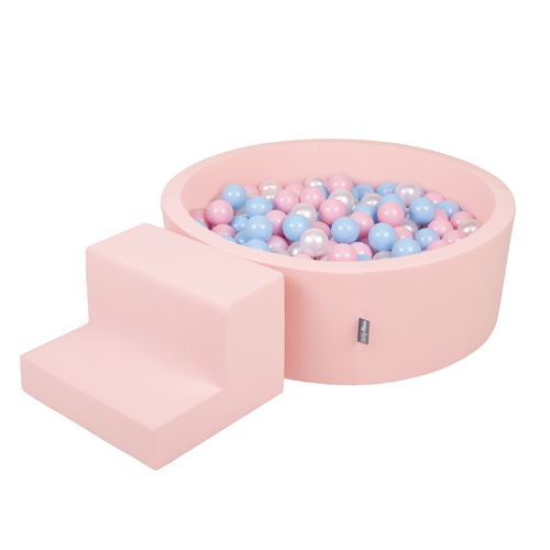 KiddyMoon Foam Playground for Kids with Round Ball pit (200 Balls ∅ 7cm/2.75In) Soft Obstacles Course and Ball Pool, Certified Made In The EU, pink:babyblue/powder pink/pearl, Ballpit (100 Balls) + Steps