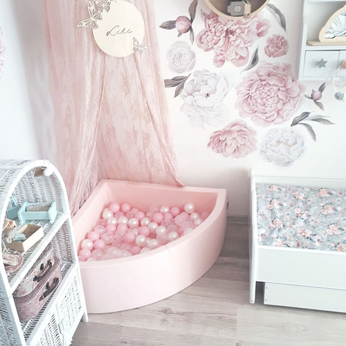 KiddyMoon Soft Ball Pit Quarter Angular ∅ 7cm / 2.75In for Kids, Foam Ball Pool Baby Playballs, Made In The EU, light grey:transparent/grey/white/pink/mint, 90 x 30 cm / 300 Balls