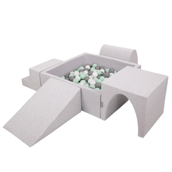KiddyMoon Foam Playground for Kids with Square Ball pit ( ∅ 7cm/2.75In) Soft Obstacles Course and Ball Pool, Certified Made In The EU, lightgrey:white/grey/mint, Ballpit (200 Balls) + Version 3