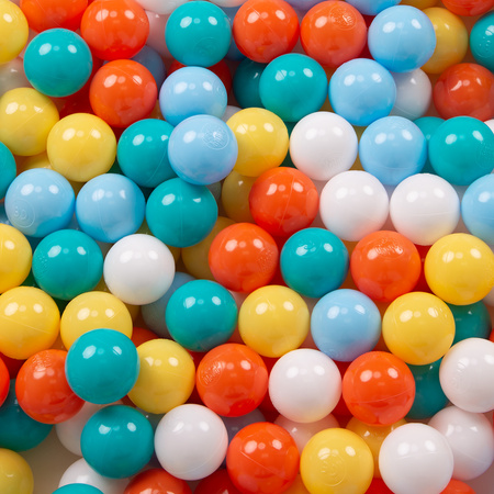 square play pen filled with plastic balls basketball, green:white/yellow/orange/babyblue/turquoise, 100 balls