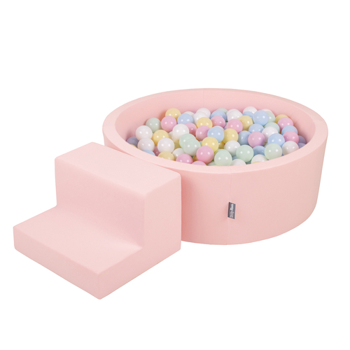 KiddyMoon Foam Playground for Kids with Round Ball pit (200 Balls ∅ 7cm/2.75In) Soft Obstacles Course and Ball Pool, Certified Made In The EU, pink:pastel blue/pastel yellow/white/mint/powder pink, Ballpit (100 Balls) + Steps